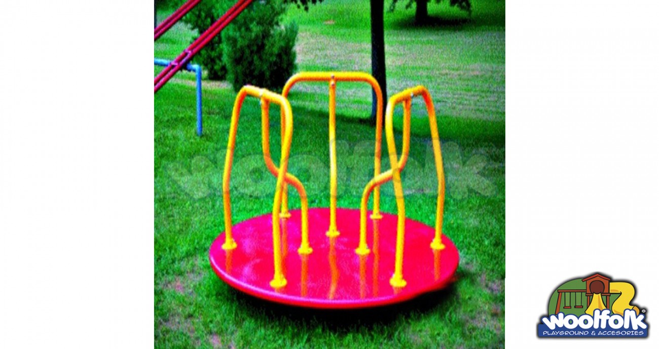 Giratorio montable infantil tipo carrusel con agarraderas tubulares para auto impulso, fabricado en acero. Modelo: CMM006