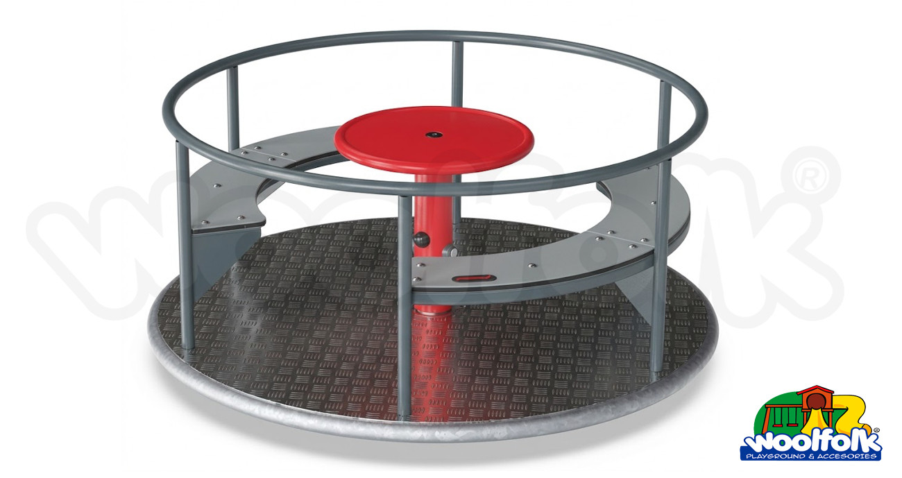 Montable infantil carrusel con asientos tipo banca, respaldo y volante giratorio central. Modelo: CMM013