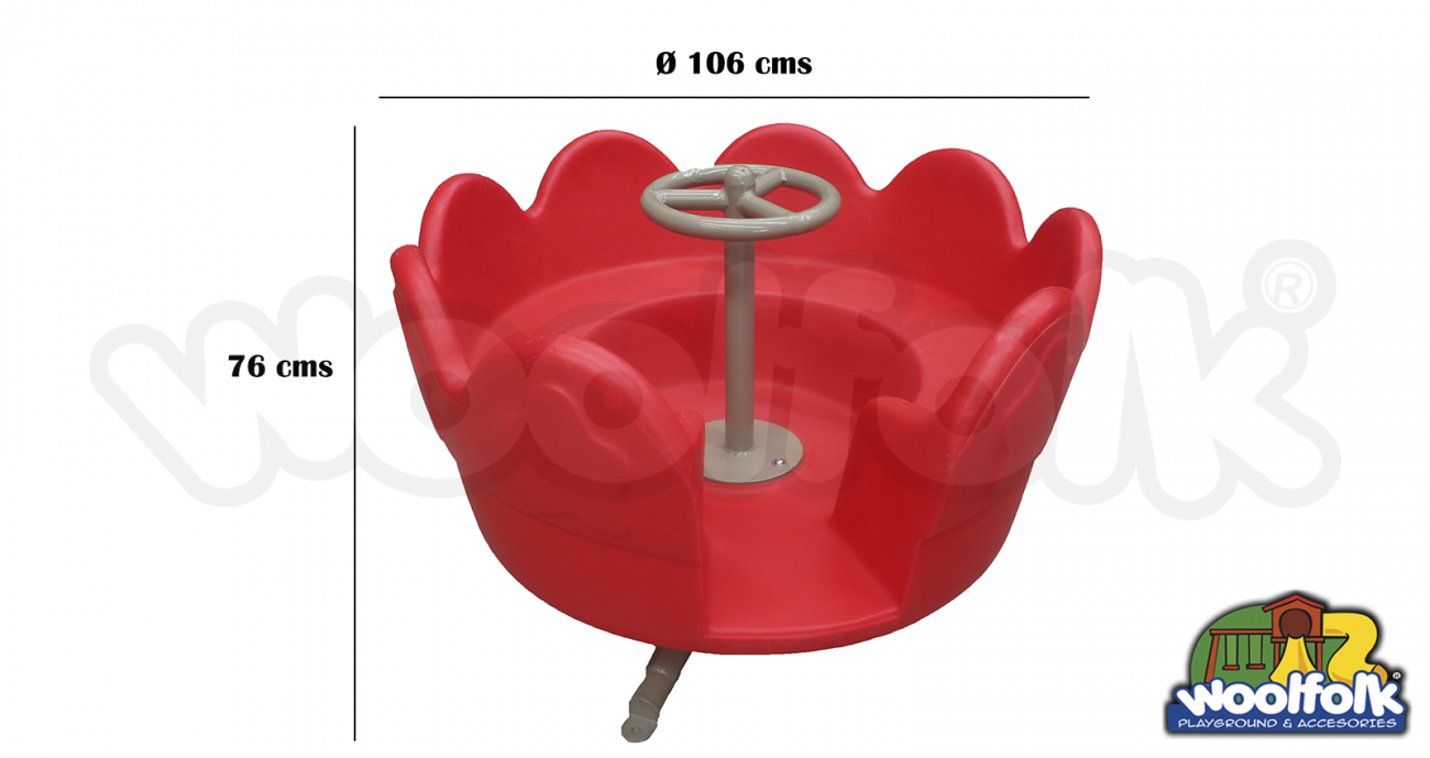 Montable infantil carrusel plástico con asientos tipo banca, respaldo, volante giratorio central y base metálica. Modelo: CMM011