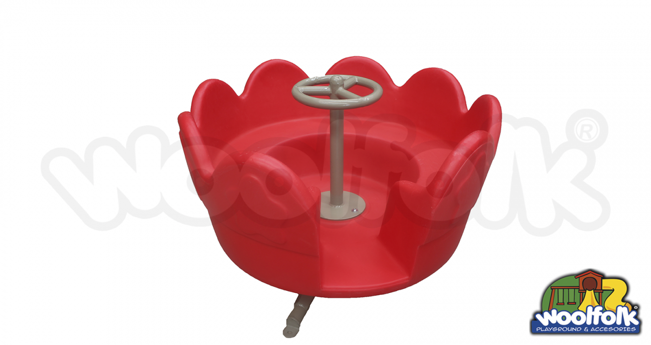 Montable infantil carrusel plástico con asientos tipo banca, respaldo, volante giratorio central y base metálica. Modelo: CMM011